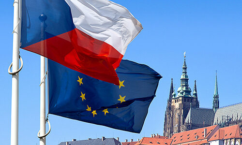 Flag, Prague castle and Lesser town, Prague (UNESCO), Czech republic Flag, Prague castle and Lesser town, Prague (UNESCO), Czech republic in spring
